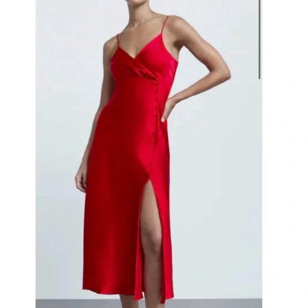 Zara Elegant Red Satin Dress - Picture 2 of 5